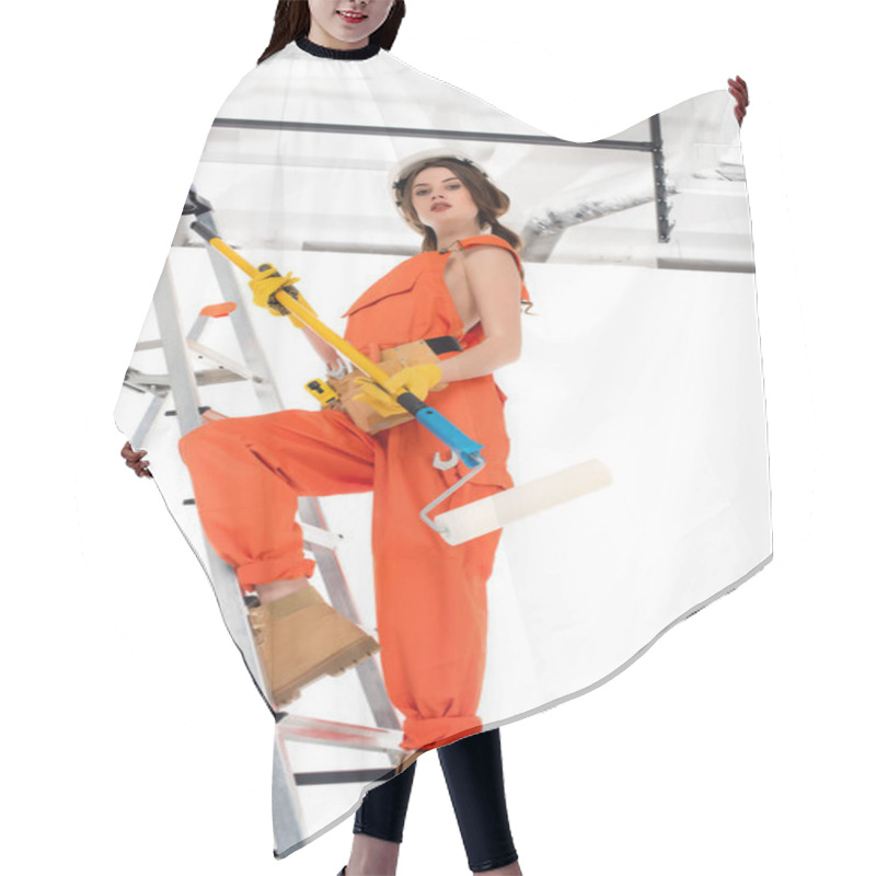 Personality  Beautiful Workwoman In Overalls Holding Painting Roller And Standing On Ladder Hair Cutting Cape