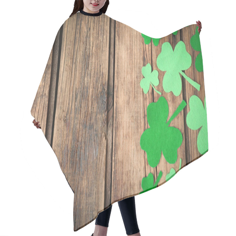 Personality  Decorative Clover Leaves On Wooden Background, Flat Lay With Space For Text. St. Patrick's Day Celebration Hair Cutting Cape