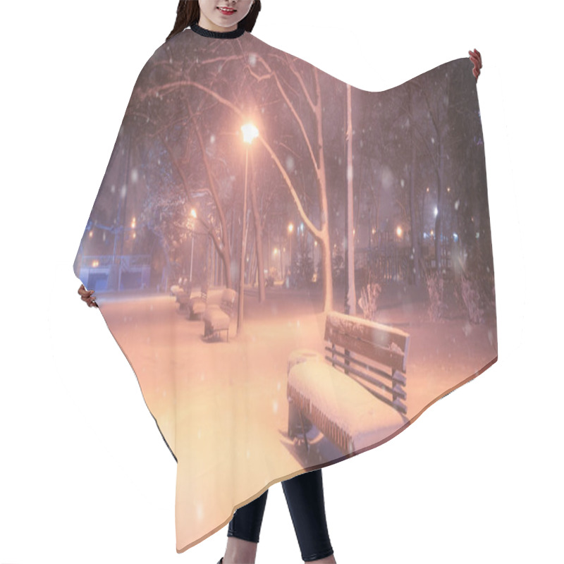 Personality  Night Winter Snowfall Landscape. Snowy Alley Of City Illuminated Park Hair Cutting Cape