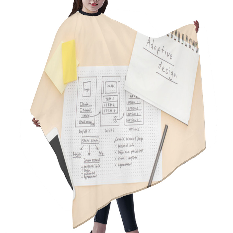 Personality  Top View Of Smartphone Near Website Design Template And Notebook With Adaptive Design Lettering On Beige Background Hair Cutting Cape