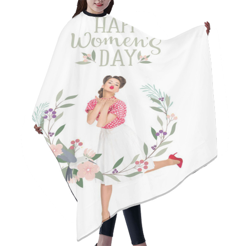 Personality  Happy Women`s Day Greeting Card With Young Woman In Retro Style Clothing Blowing Kiss Isolated On White Hair Cutting Cape