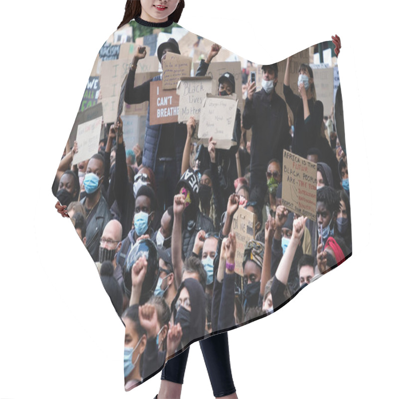 Personality  Protesters Hold Placards As They Gather In Central Brussels During The Black Lives Matter Protest Rally, Sunday, June 7, 2020.  Hair Cutting Cape