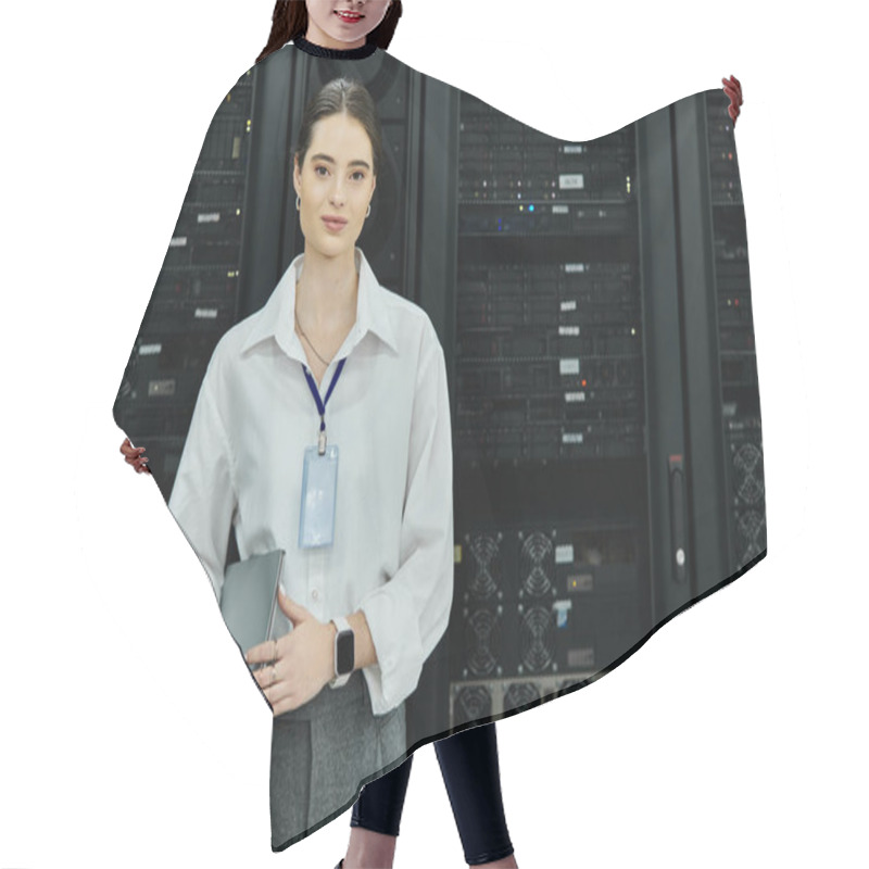 Personality  A Woman In A White Shirt Diligently Works With Server Equipment In A Tech-focused Setting. Hair Cutting Cape