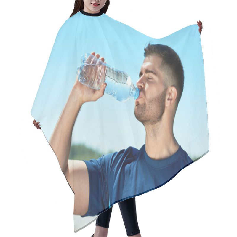 Personality  Man Drinking Water After Running. Portrait. Hair Cutting Cape