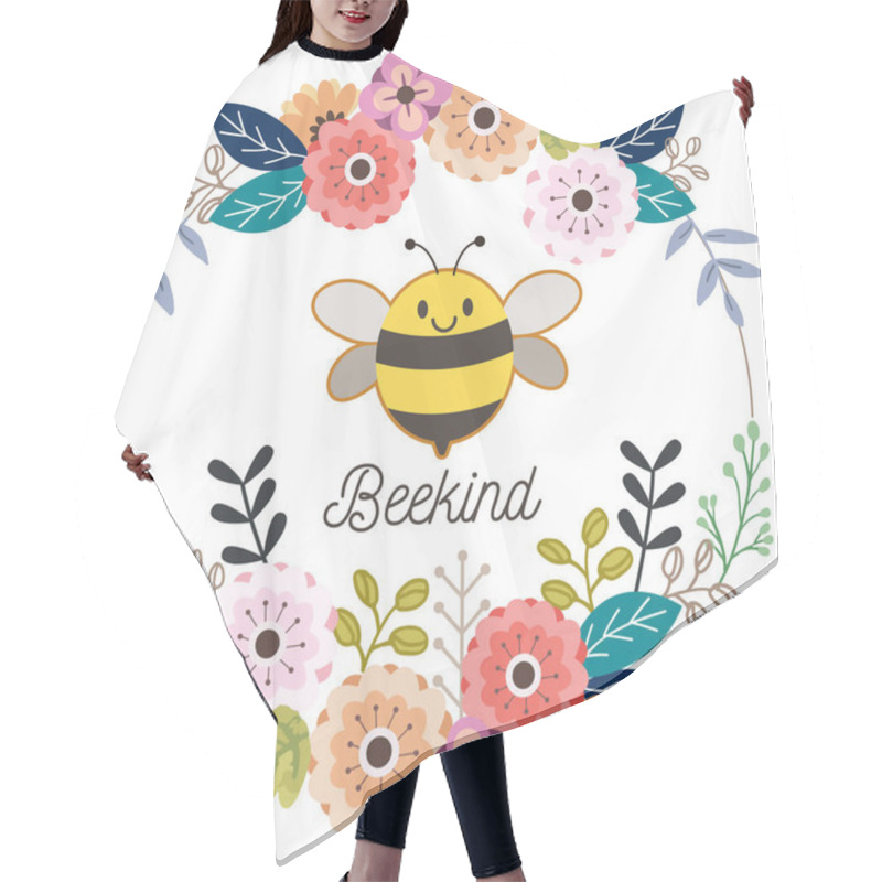 Personality  The Character Of Cute Bee With Flower Wreath On The White Background With Text Of Beekind In Flat Vector Style. Illustation For Content, Wedding,graphic, Banner, Greeting Card Hair Cutting Cape