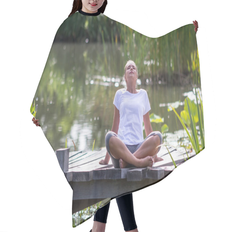 Personality  Zen 20s Blond Girl Breathing, Pond Environment Hair Cutting Cape