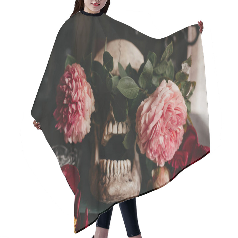 Personality  Skull With A Rose Flower O N The Table  Hair Cutting Cape