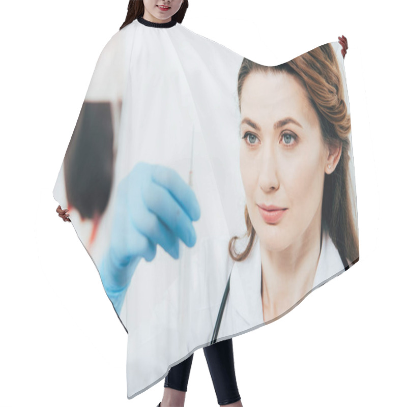 Personality  Doctor In White Coat And Latex Glove Holding Syringe In Hospital Hair Cutting Cape