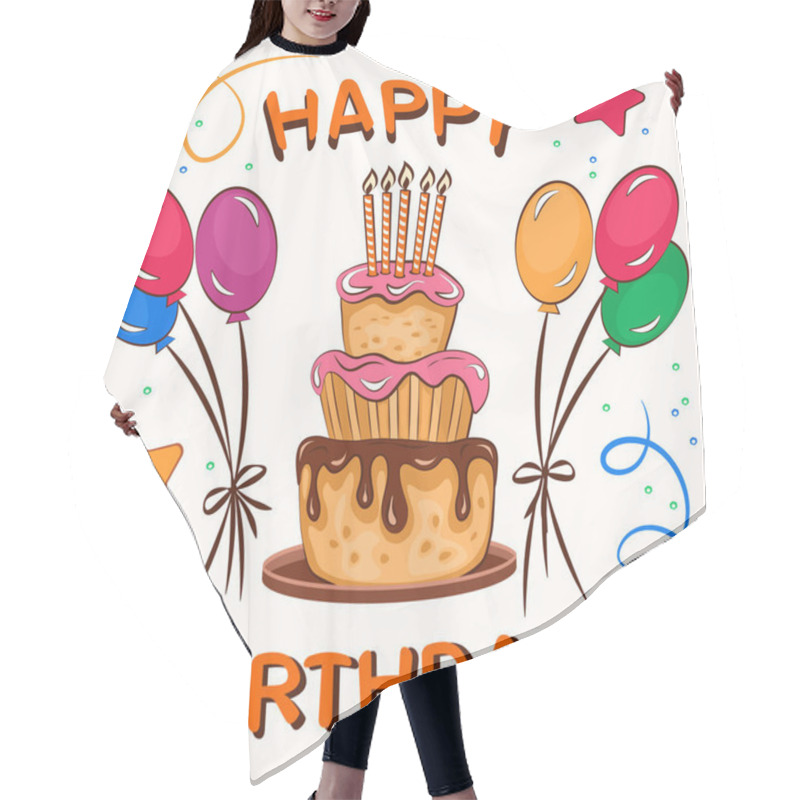 Personality  Birthday Cake With Candles, Balloons And Ribbons, Flat Vector Illustration In Cartoon Style, Greeting Card. Hair Cutting Cape