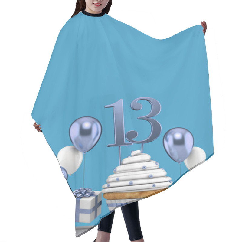 Personality  Number 13 Blue Birthday Cupcake With Balloons And Gifts. 3D Render Hair Cutting Cape