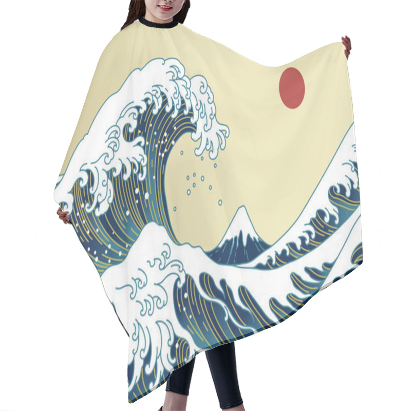 Personality  Big Asian Ocean Wave, Red Sun And The Mountain Illustration. Golden Color Tones. Ocean Of Kanagawa. - Vector Hair Cutting Cape