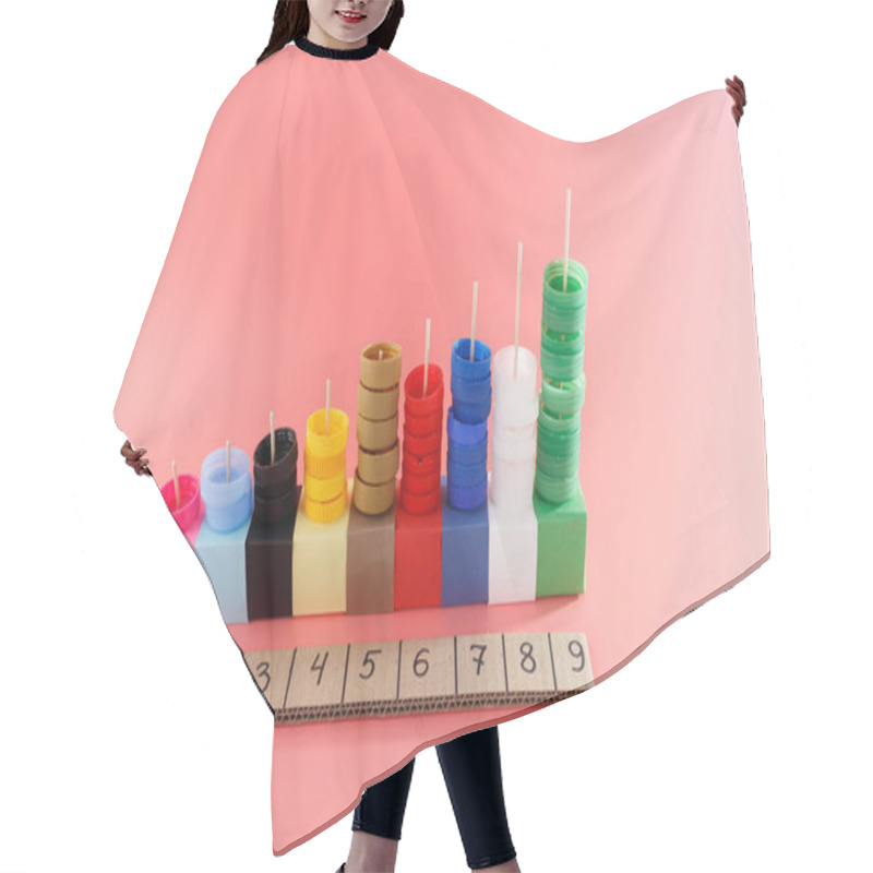 Personality  Educational Toy Made From Bottle Caps, Cardboard, And Sticks For Counting And Color Sorting. DIY Math Activity For Kids On A White Background. Recycling And Learning Concept, Pink Backdrop Hair Cutting Cape