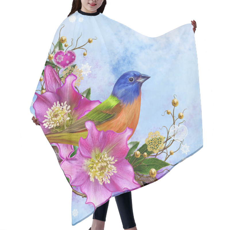 Personality  The Bright  Bird Tit, Pink Flower Hellebore, Weaving From Twigs, Gold Ornaments, Winter Background, Christmas Composition.  Hair Cutting Cape