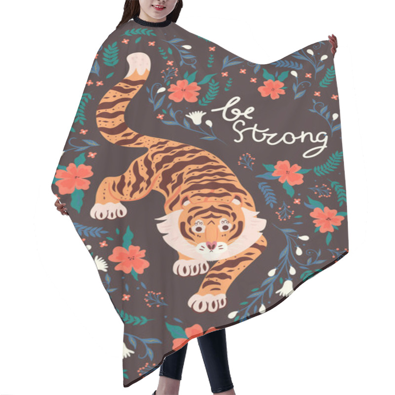 Personality  Postcard With A Tiger And The Inscription Be Strong. Vector Image. Hair Cutting Cape