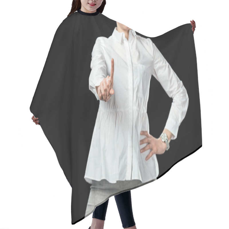 Personality  Cropped View Of Businesswoman Pointing Up, Isolated On Black Hair Cutting Cape