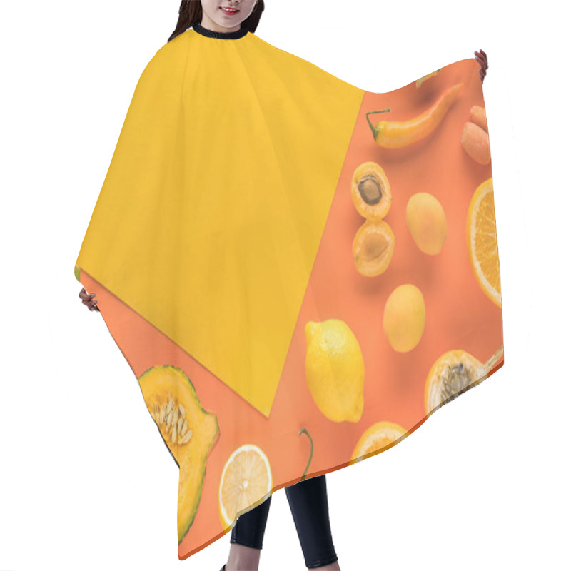 Personality  Top View Of Fresh Fruits And Vegetables On Yellow And Orange Background With Copy Space Hair Cutting Cape