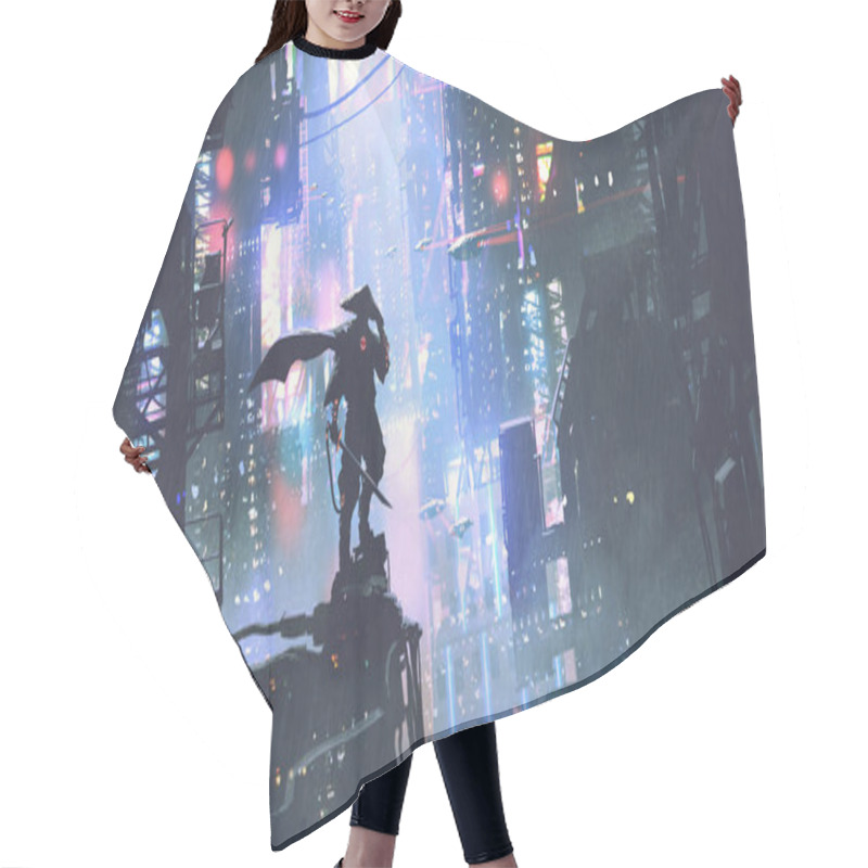 Personality  Futuristic Samurai Standing On A Building In Cyberpunk City At Rainy Night, Digital Art Style, Illustration Painting Hair Cutting Cape