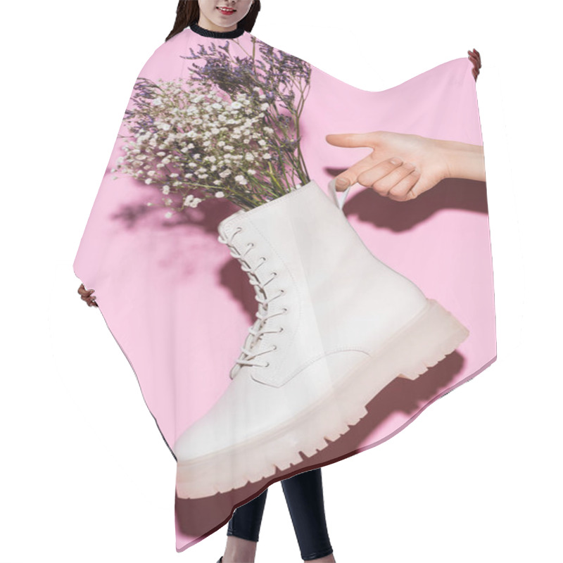 Personality  Cropped View Of Woman Holding White Boot With Wildflowers On Pink Background Hair Cutting Cape