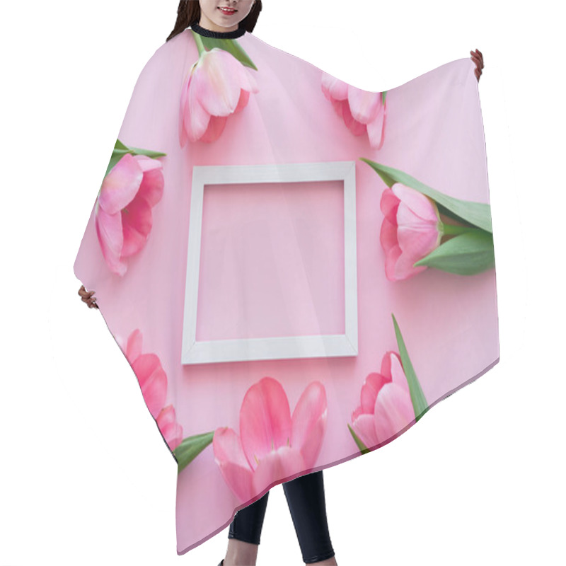 Personality  Top View Of Blooming Flowers Around White Frame On Pink  Hair Cutting Cape