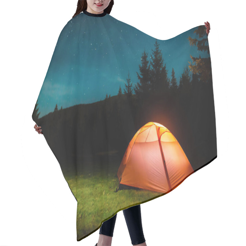 Personality  Orange Illuminated Tent In Dark Night Forest With Night Sky And Stars Hair Cutting Cape