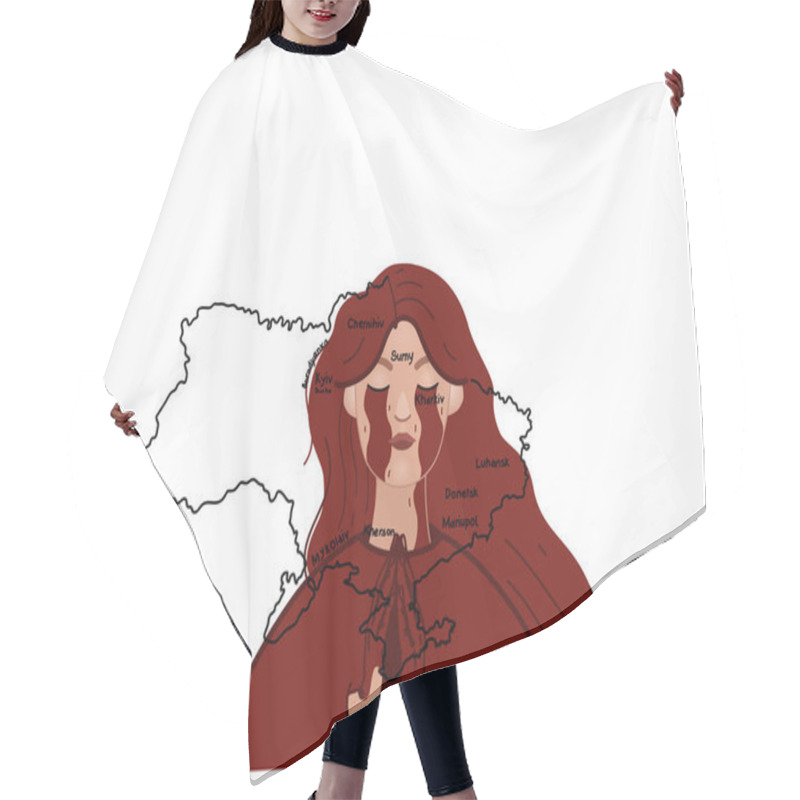 Personality  Illustration Of Crying Ukrainian Woman Praying Near Map Of Country On White Hair Cutting Cape