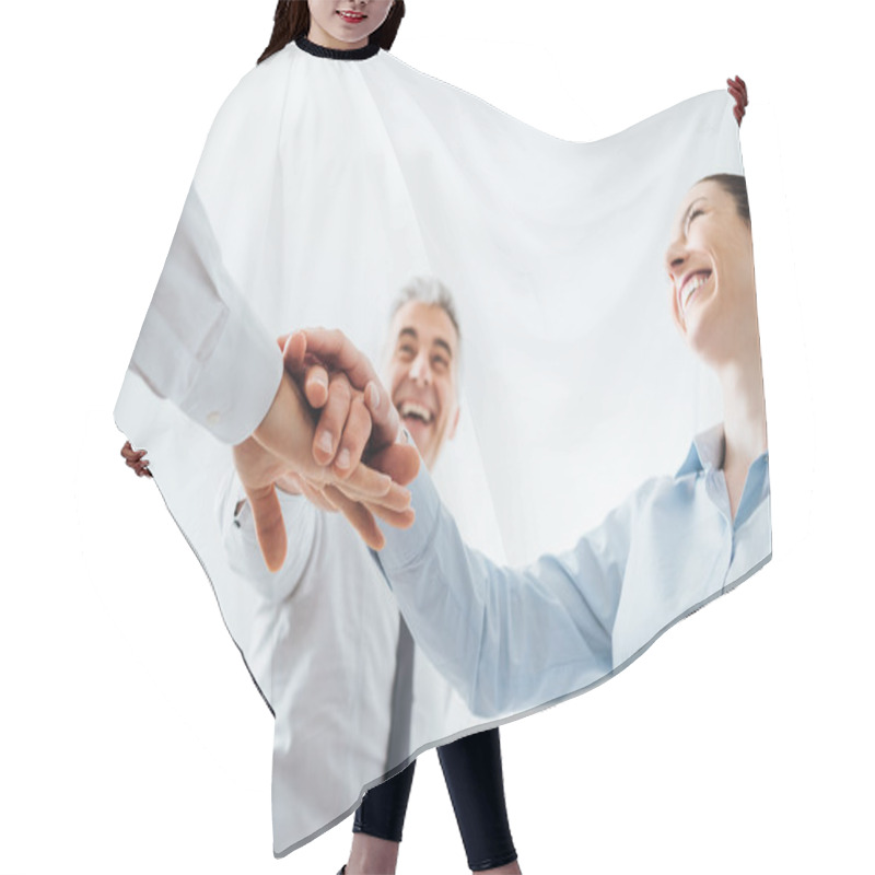 Personality  Cheerful Business People Stacking Hands Hair Cutting Cape