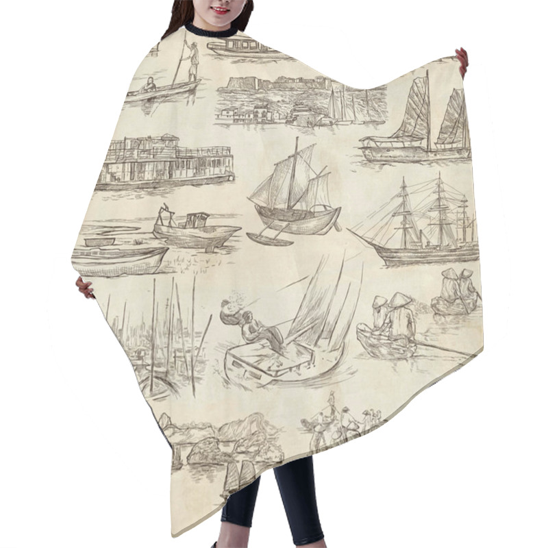 Personality  Boats And Ships Around The World - An Hand Drawn Pack Hair Cutting Cape