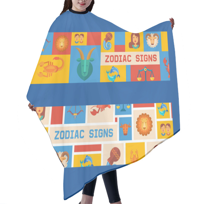 Personality  Zodiac Signs Set Of Banners Vector Illustration. Horoscope, Astrology Icons Such As Aries, Taurus Gemini, Cancer Leo, Virgo Libra, Scorpio Sagittarius Capricorn, Aquarius, Pisces. Hair Cutting Cape