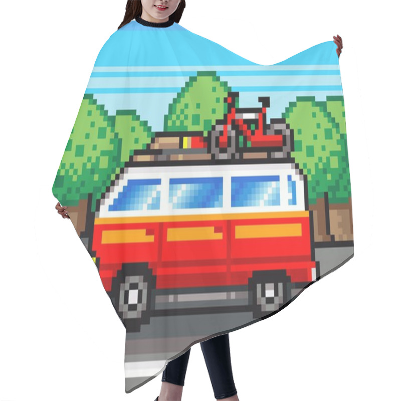 Personality  Car Going For Summer Holiday Trip - Retro Pixel Illustration Hair Cutting Cape