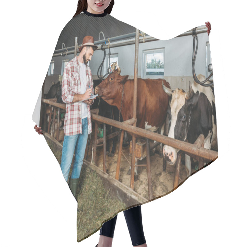 Personality  Farmer Taking Notes In Cowshed Hair Cutting Cape