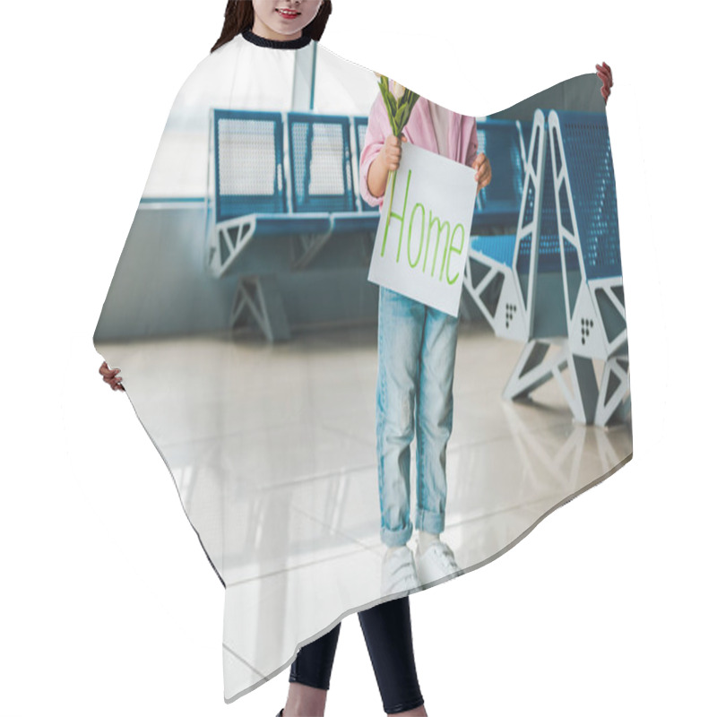 Personality  Cropped View Of African American Kid Standing In Waiting Hall In Airport And Holding Tulips And Placard With Home Lettering Hair Cutting Cape