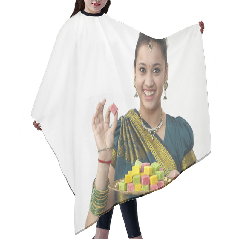 Personality  Cheerful Indian Lady Holding Tray Of Candy Hair Cutting Cape