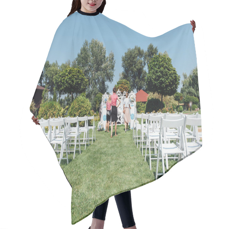 Personality  Rows Of White Folding Chairs On Lawn Hair Cutting Cape