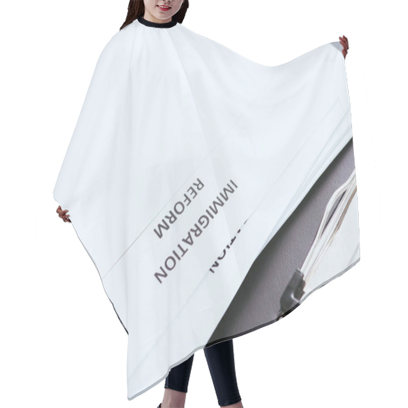 Personality  Document With Immigration Reform Lettering Near Clipboard Hair Cutting Cape