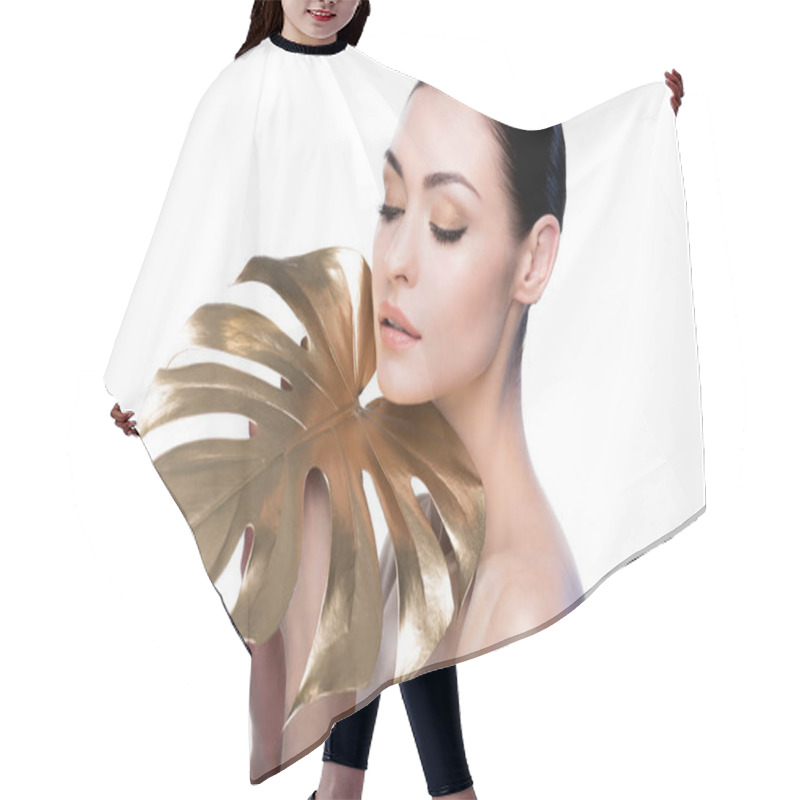 Personality  Woman With Big Golden Leaf Hair Cutting Cape