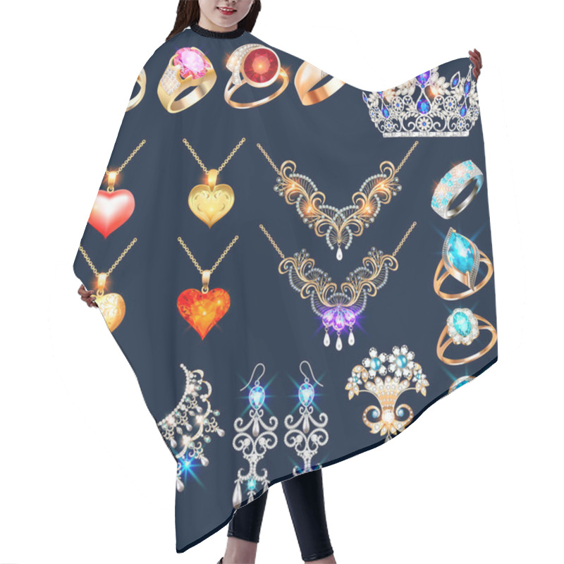 Personality  Illustration Set Of Jewelry Made Of Gold And Silver With Precious Stones Rings, Earrings, Necklaces, Tiaras And Pendants With Hearts. Hair Cutting Cape