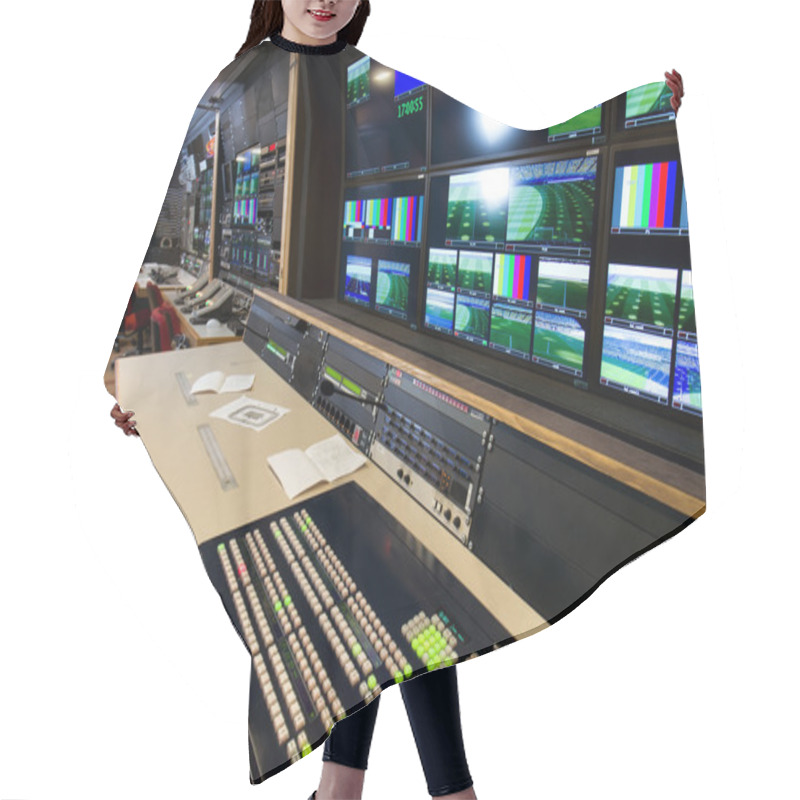 Personality  Remote Control In A Television Studio Recording. Hair Cutting Cape