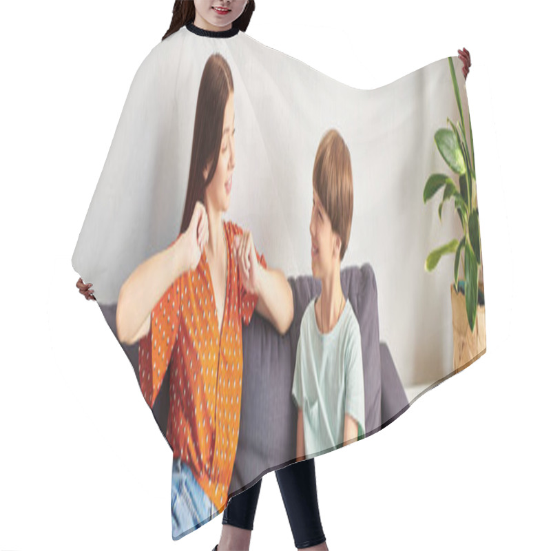 Personality  A Mother And Her Hearing Impaired Son Share A Playful Moment Together. Hair Cutting Cape