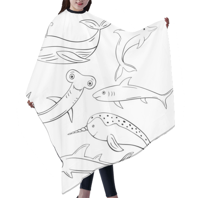 Personality  Sea Life Set. Hand Drawn , Blowfish, Hammerhead Shark, Whale, Shark, Manta Ray, Dolphin, Narwhal. Vector Doodle Illustration Collection. Hair Cutting Cape