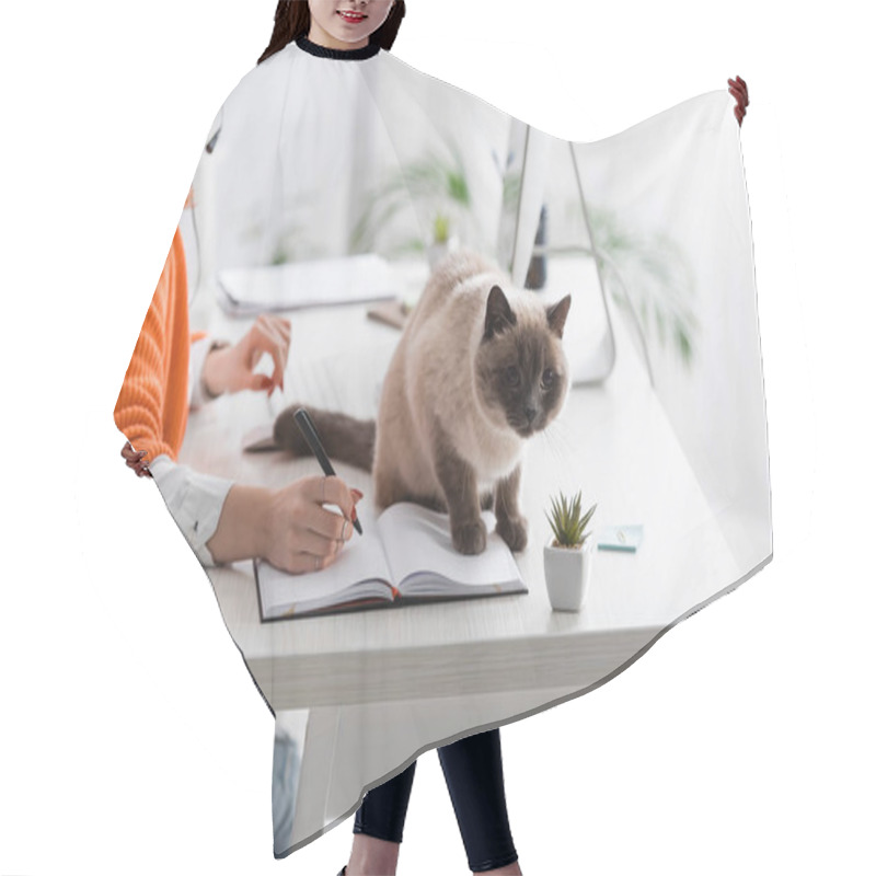 Personality  Cropped View Of Blurred Woman Writing In Notebook Near Cat Sitting On Work Desk Hair Cutting Cape