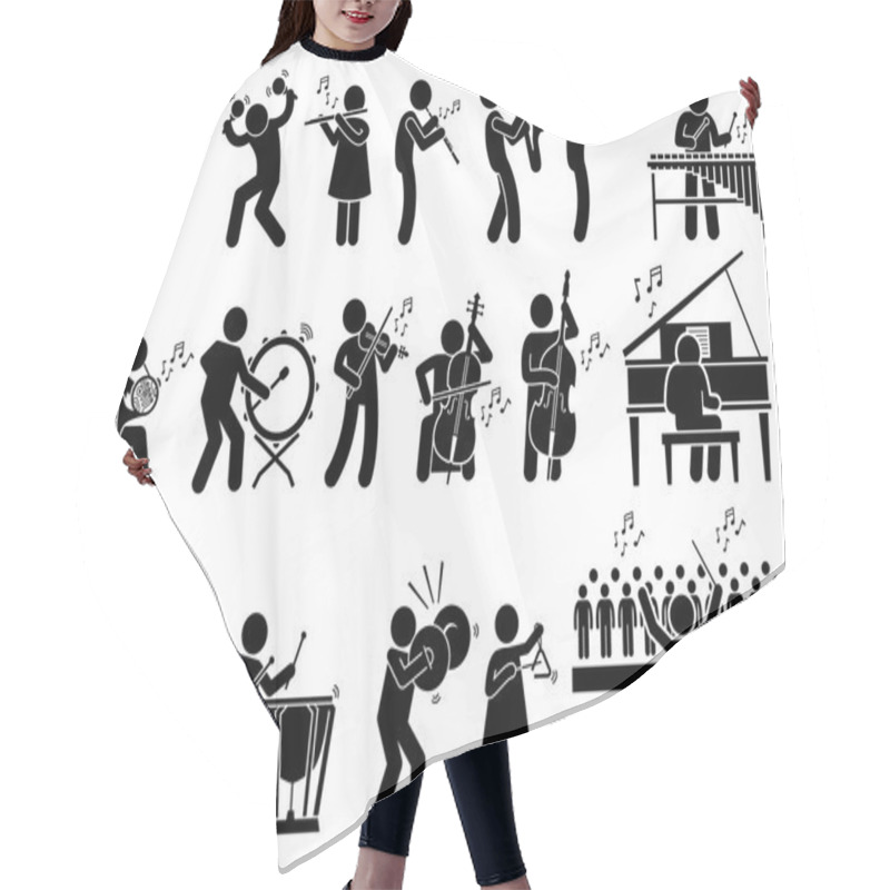 Personality  Orchestra Symphony Musicians With Musical Instruments Stick Figure Pictogram Icons Hair Cutting Cape