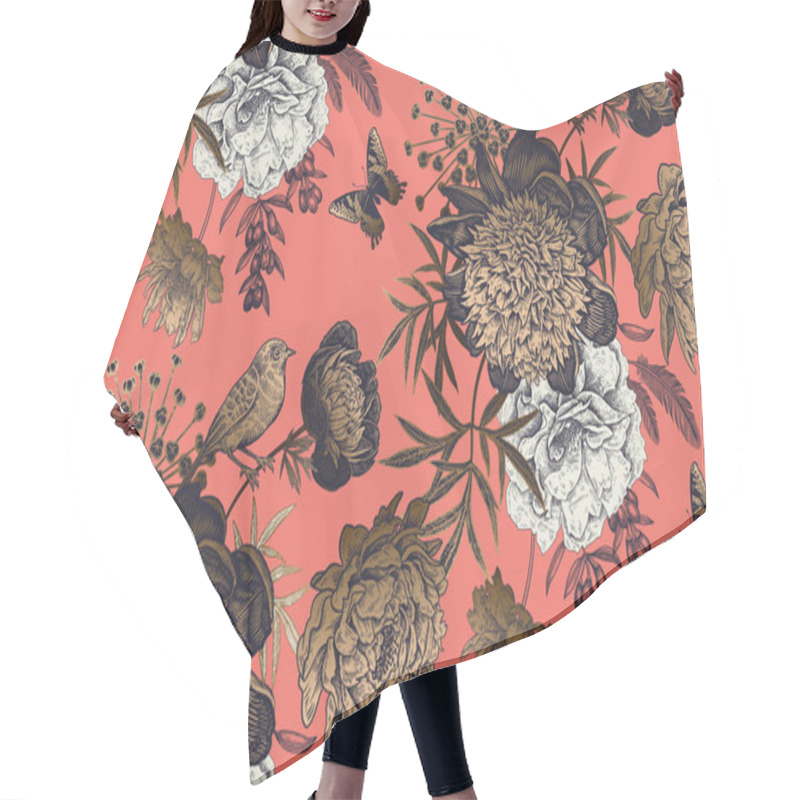 Personality  Garden Flowers Peonies On A Coral Background. Luxury Seamless Pa Hair Cutting Cape