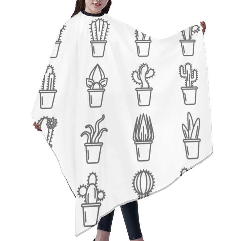 Personality  Cactus Icons Set. A Simple Linear Image Of Various Varieties Of Cacti In Pots. Isolated Vector On A White Background. Hair Cutting Cape