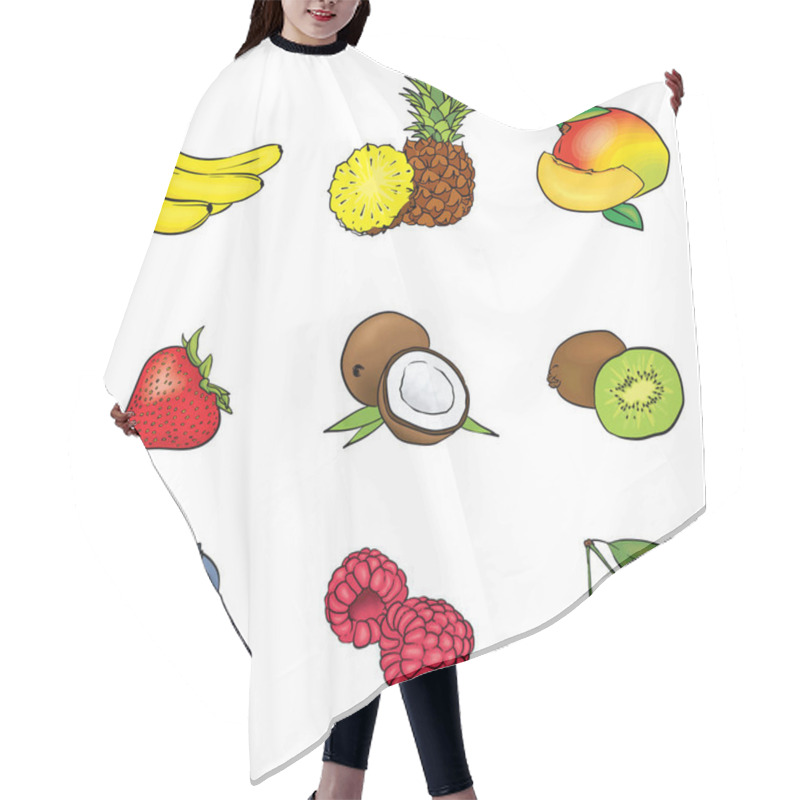 Personality  A Set Of Fruits. Vector Illustration With Coconut, Pineapple, Bananas, Raspberries, Strawberries, Blueberries, Cherries, Kiwi And Mango. Summer. Hair Cutting Cape