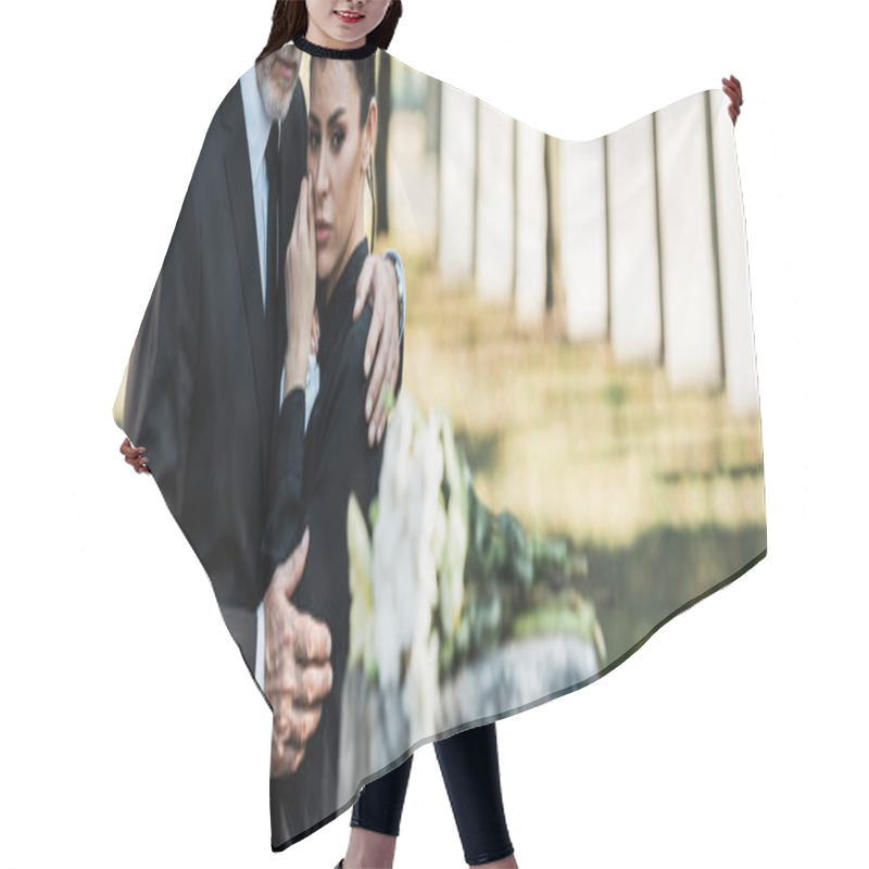 Personality  Panoramic Shot Of Senior Man Hugging Woman On Funeral Hair Cutting Cape