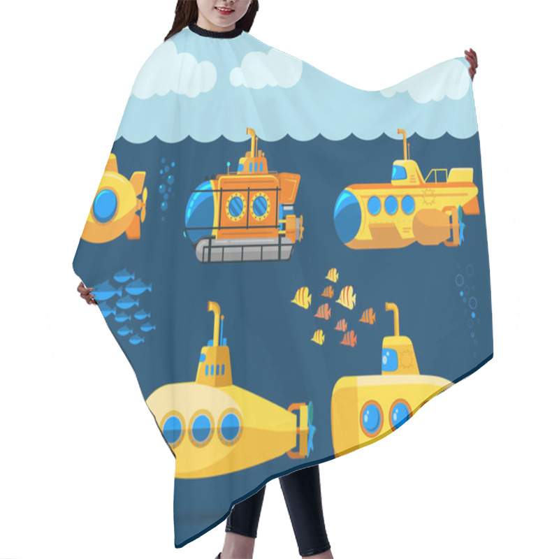 Personality  Bathyscaphe Cartoon, Yellow Submarine Sea Research Transport. Vector Hair Cutting Cape