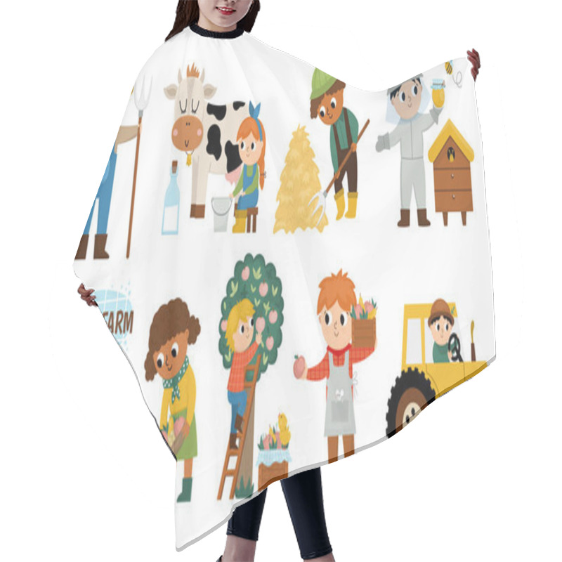 Personality  Vector Farmers Set. Cute Kids Doing Agricultural Work. Rural Country Scenes. Children Gathering Hay, Feeding Animals, Beekeeping, Milking Cow. Cartoon Boys And Girls. Funny Farm Illustration Hair Cutting Cape