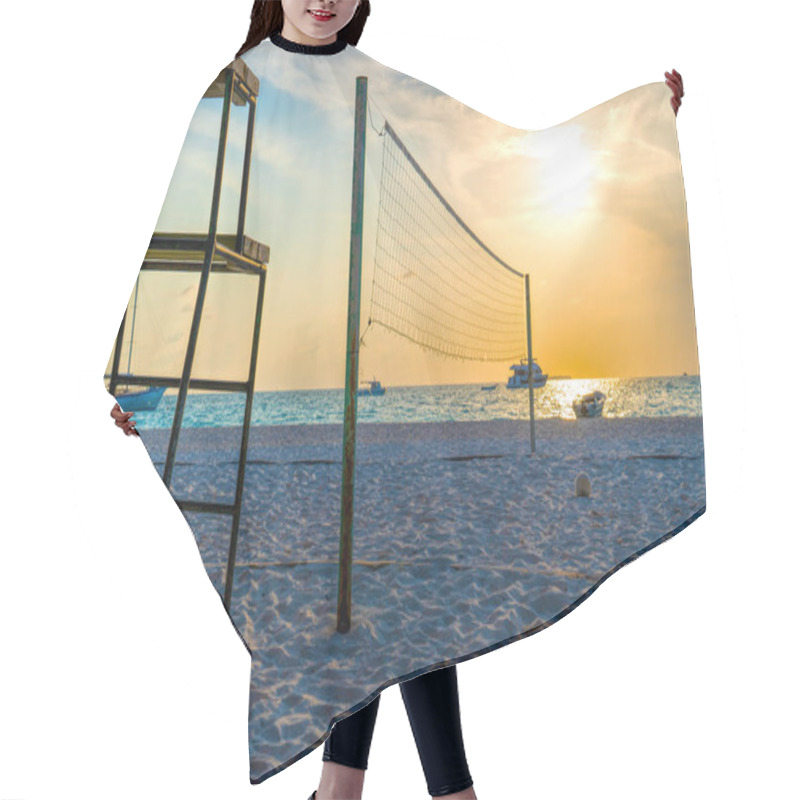 Personality  Volleyball Net On A Deserted Sandy Beach On The Tropical Sea. Hair Cutting Cape