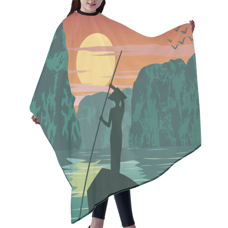 Personality  Man Row Boat To Go To Come Back Home By Pass Ha Long Bay Famous Landmark Of Vietnam ,vintage Color,vector Illustration Hair Cutting Cape