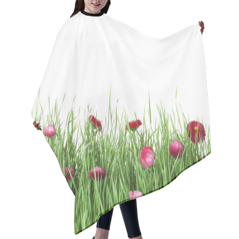 Personality  Vibrant Green Grass With Beautiful Flowers On White Background Hair Cutting Cape